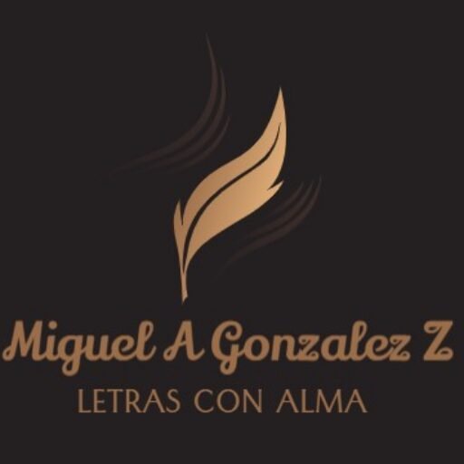 LOGOTIPO de miguel angle Gonzalez zuniga, escritor nicaraguense , una pluma dorado con fondo negro el nombre del escritor y el lema letras con alma